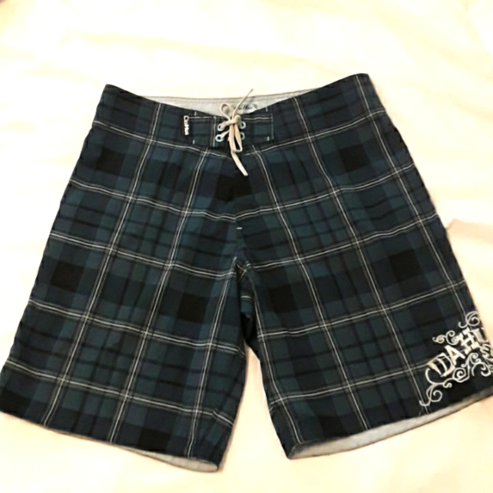 - Da Hui Boardshorts  Size 36. Navy Blue  Plaid.